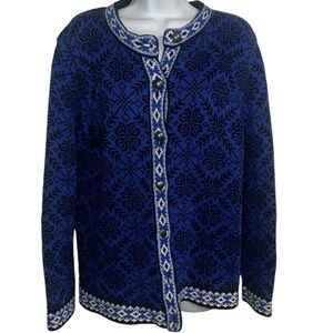 LL Bean Cardigan Sweater Blue Norwegian Fair Isle Cotton Snowflake Nordic SZ M